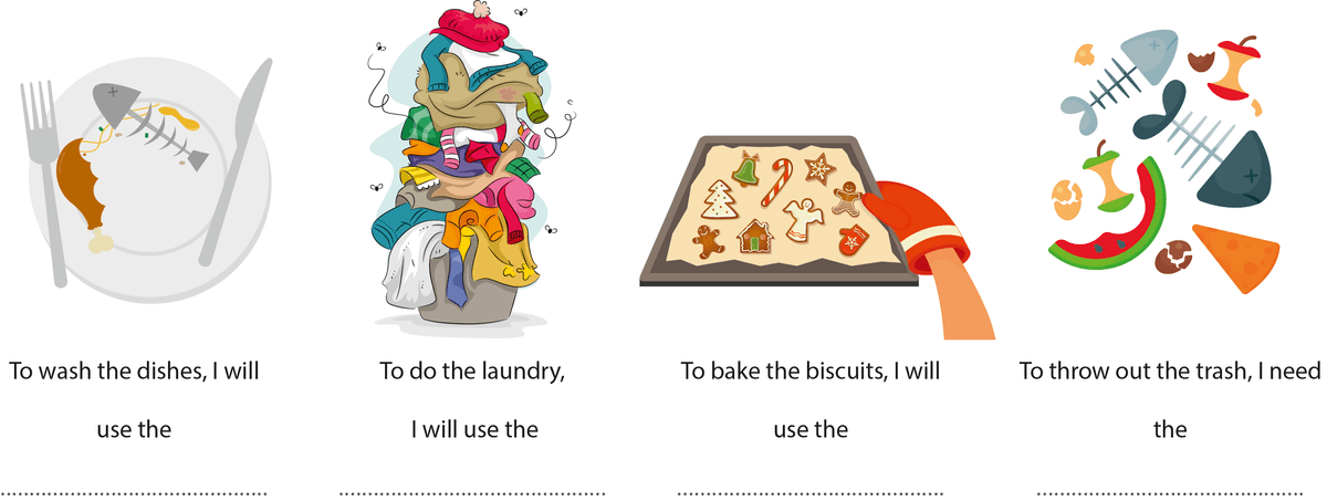 4 illustrations de situations : des couverts sales, du linge sale, des biscuits sortis du four, et des déchets alimentaires.