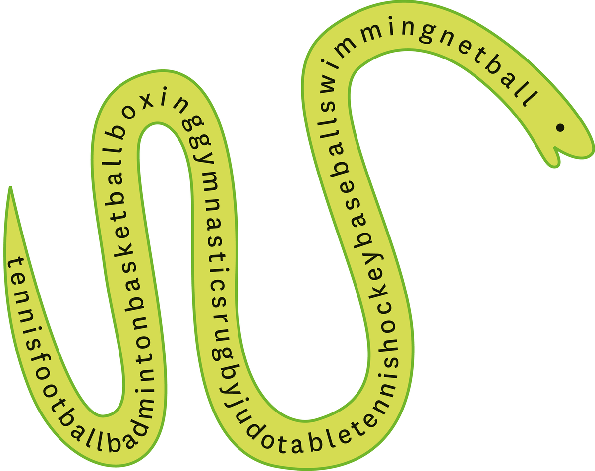 Serpent sur lequel est inscrit des noms de sports. 