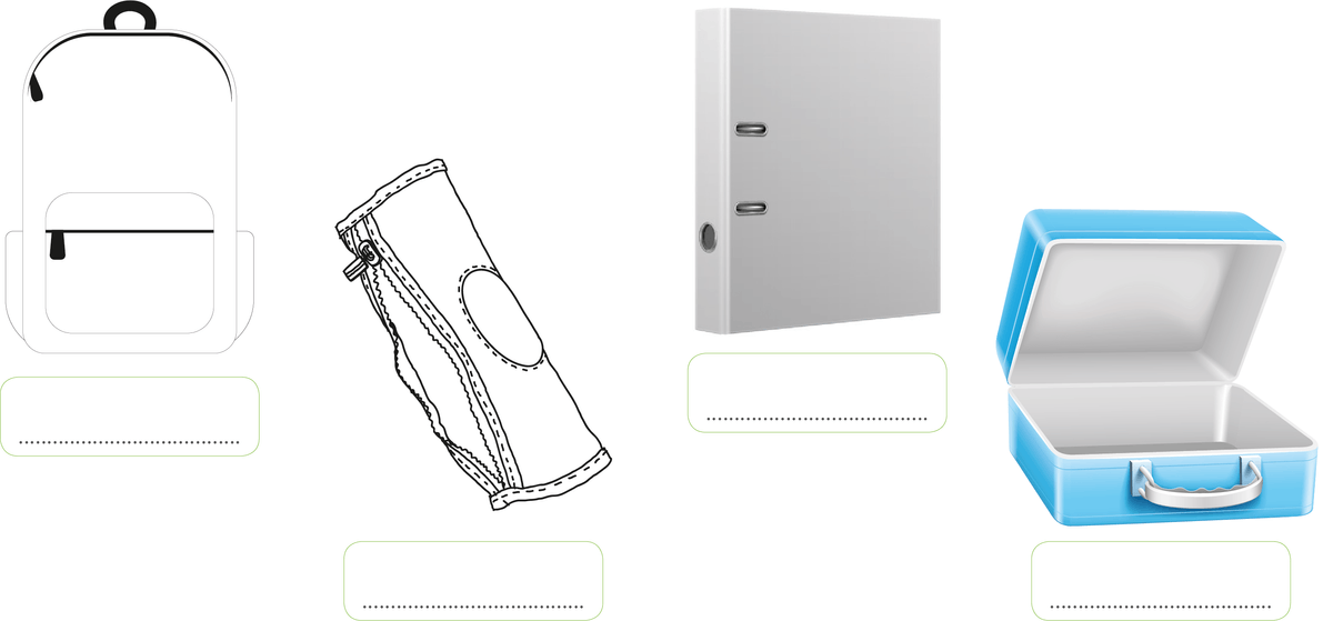 Illustration de plusieurs objets : 1 - sac à dos, 2 - trousse, 3 - binder, 4 - boîte repas 
