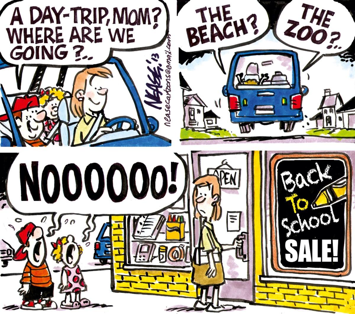 Bande dessinée représentant une mère et ses deux enfants. Elle les emmène dans un magasin de fournitures scolaires 