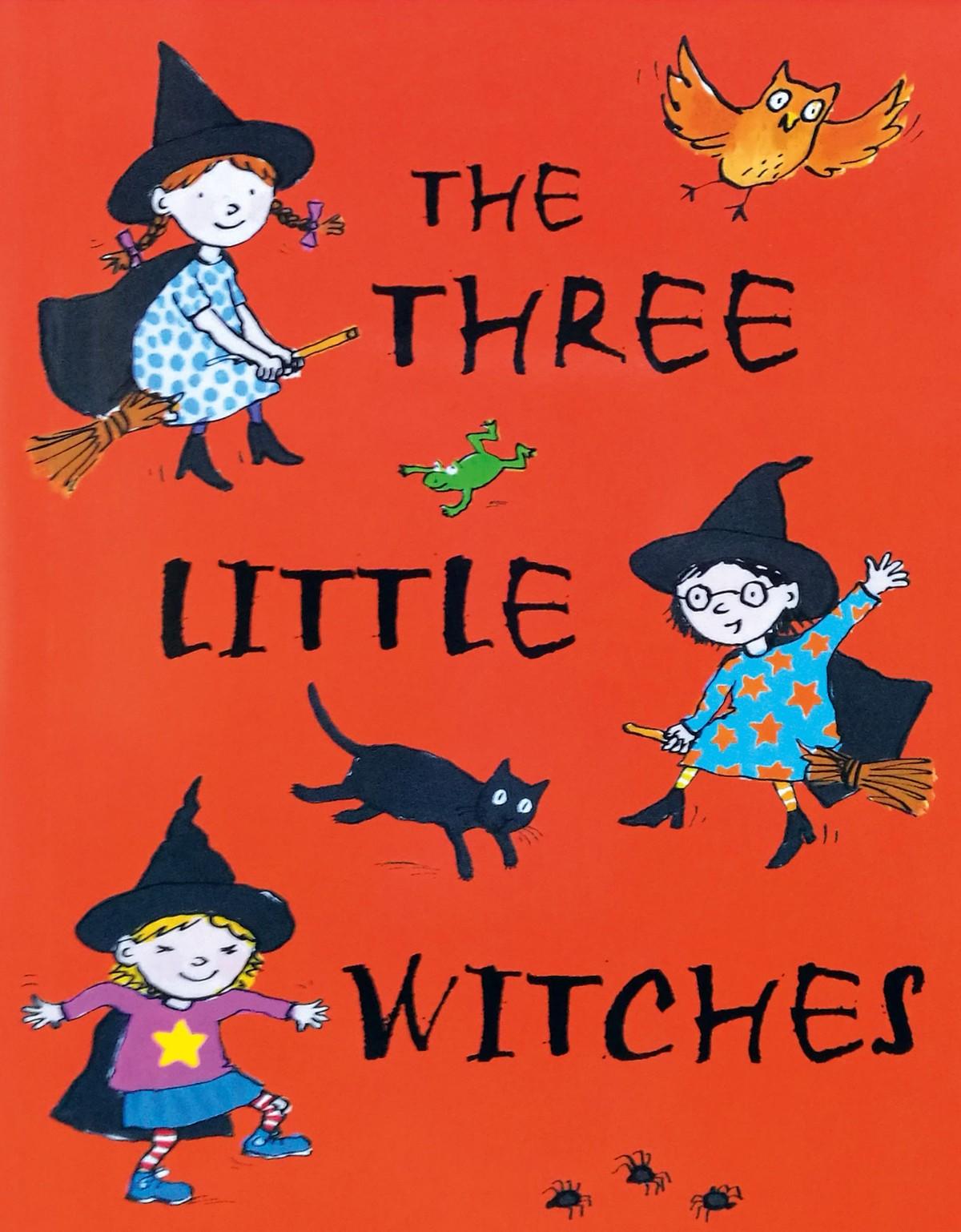 Une affiche rouge avec 3 sorcière dessinées, un crapeau, un chat noir et un hibou.