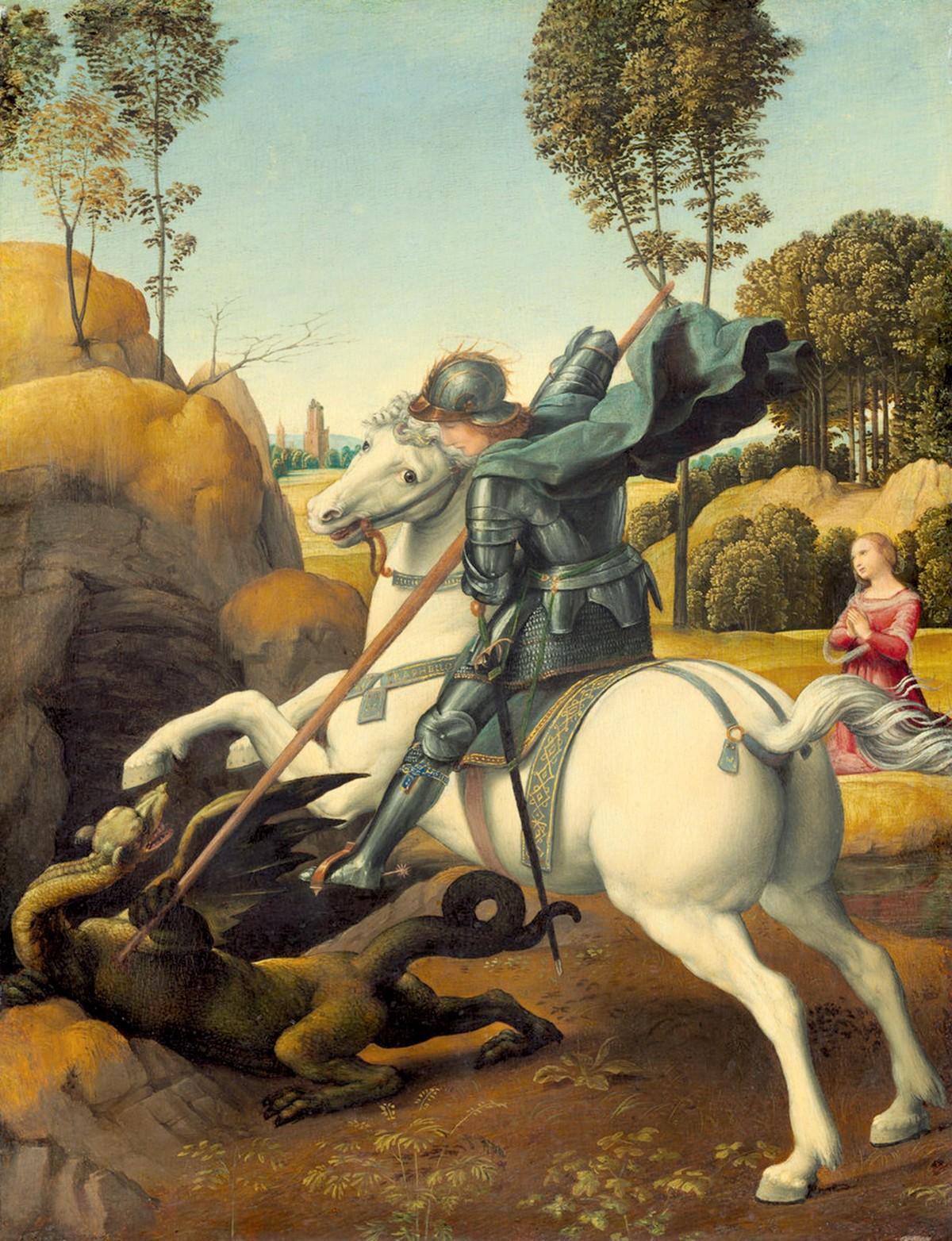 Peinture d'un homme sur un cheval tuant un dragon avec une lance. Une princesse semble inquiète en arrière plan.