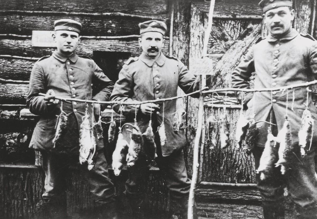 Des soldats (allemands) montrent les rats qu'ils ont pris.