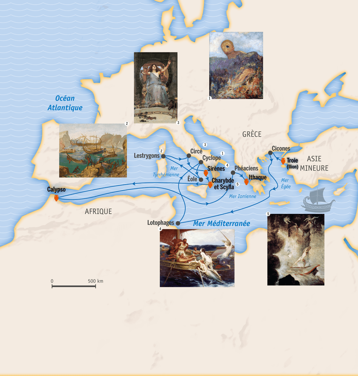 Carte des étapes du voyage d'Ulysse
