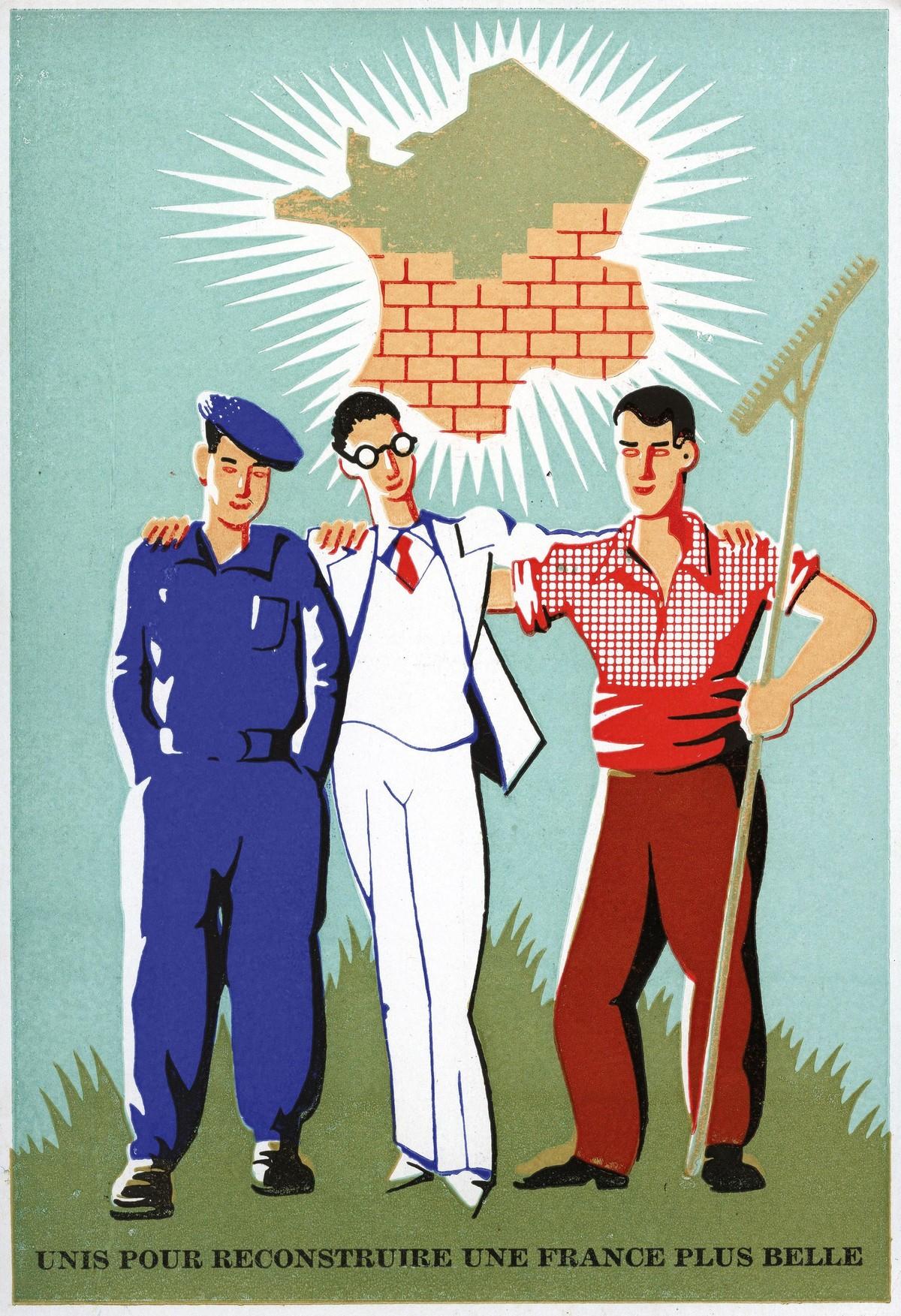 Un ouvrier (en bleu), un cadre (en col blanc) et un paysan (en rouge), unis pour la reconstruction, carte postale, 1945.