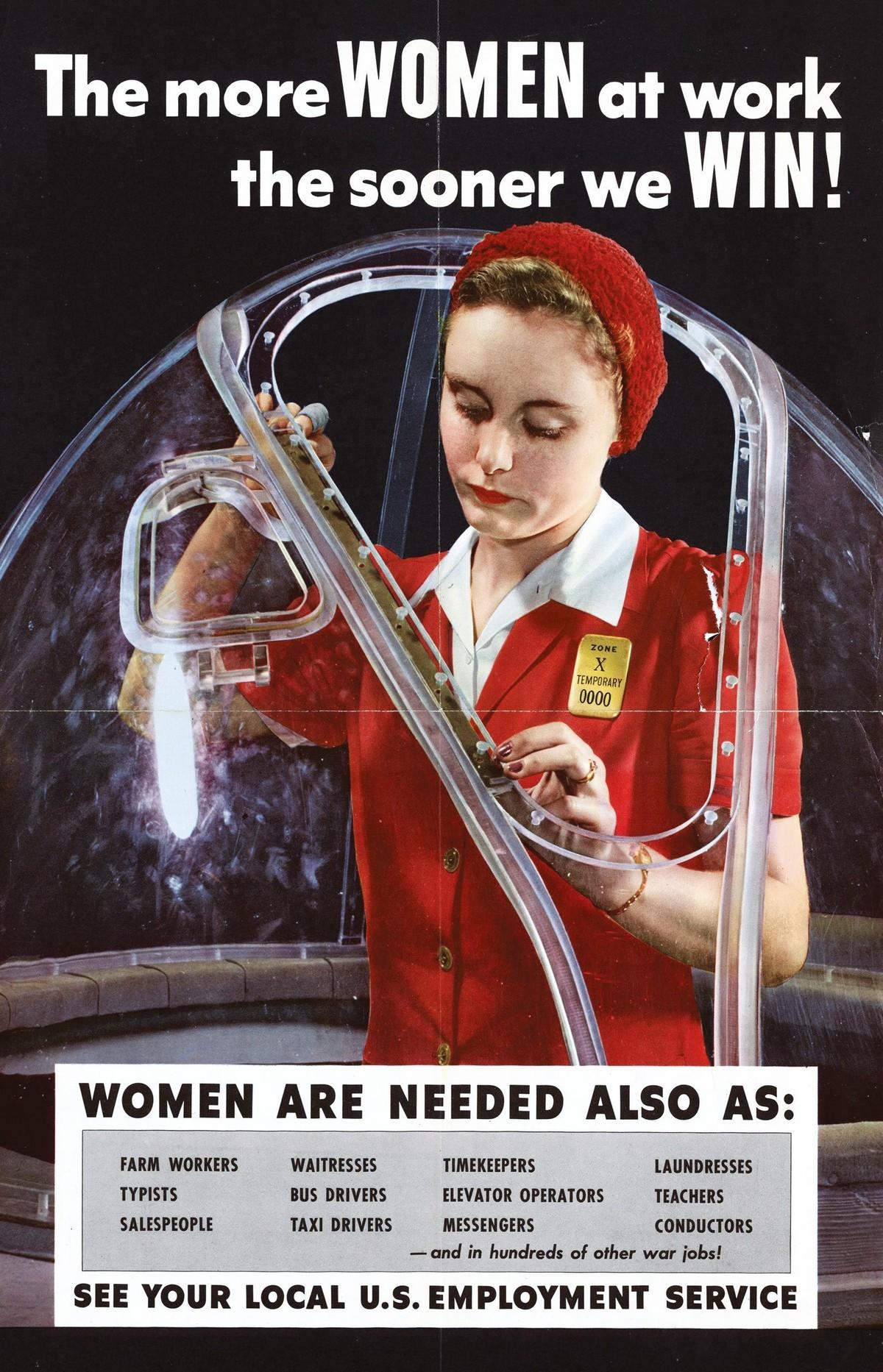 « Avec plus de femmes au travail, nous gagnerons plus vite ! », affiche américaine en faveur du travail des femmes dans les usines d'aviation, 1943.