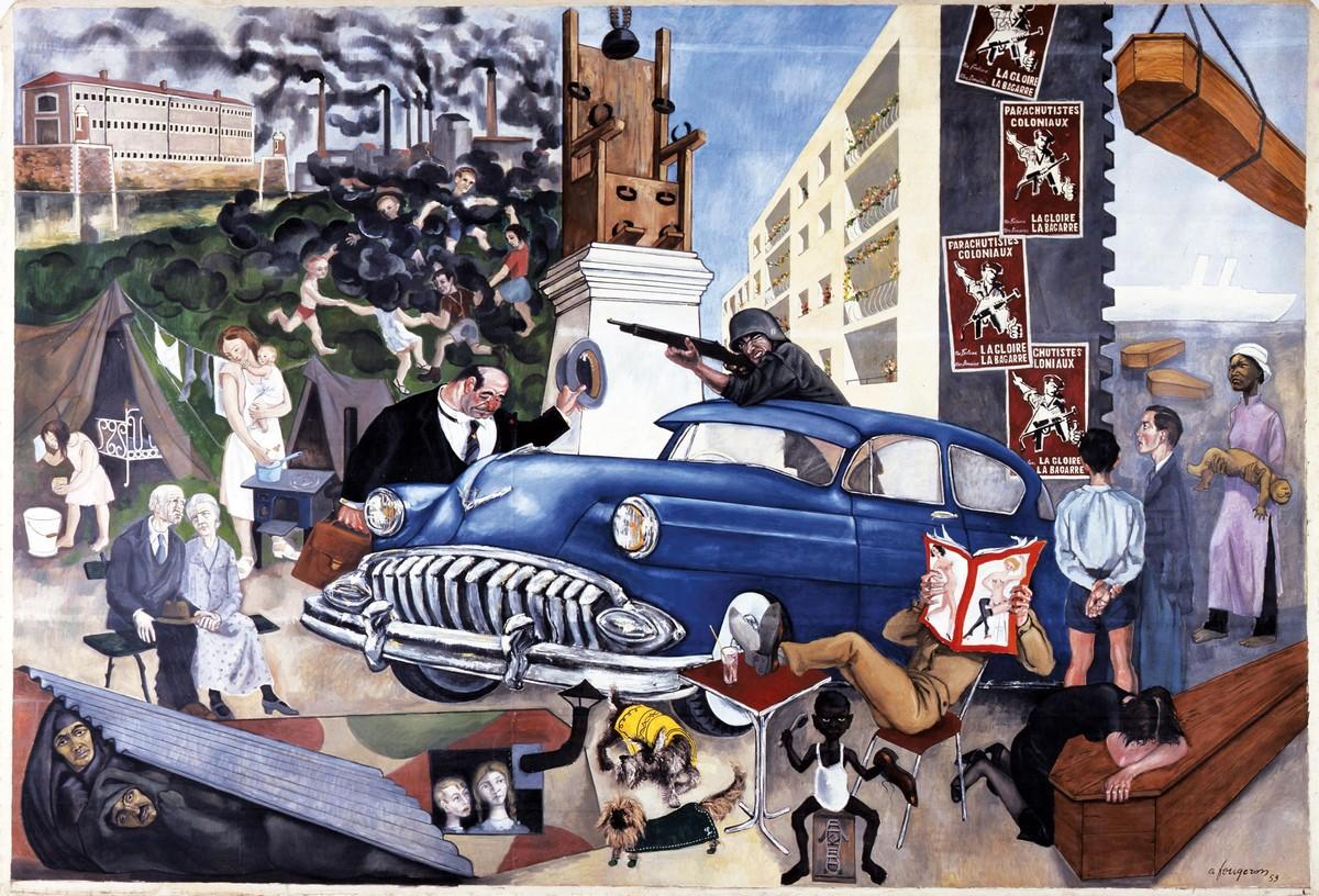 André Fougeron (peintre français, issu du milieu ouvrier, membre du Parti communiste), La Civilisation atlantique, huile sur toile, 380 x 559 cm, 1953 (Tate Modern Gallery, Londres).