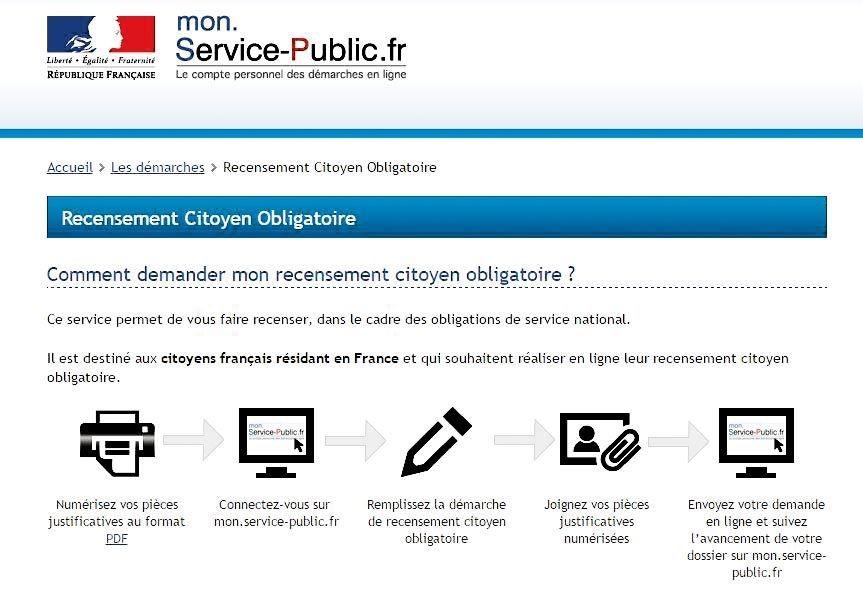 Capture d'écran du site où demander son recensement citoyen obligatoire