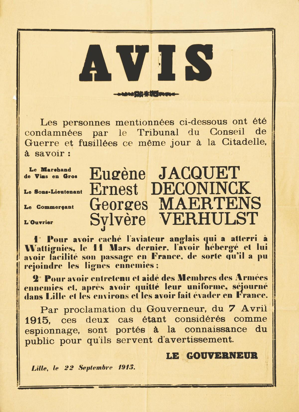Affiche placardée à Lille, septembre 1915.