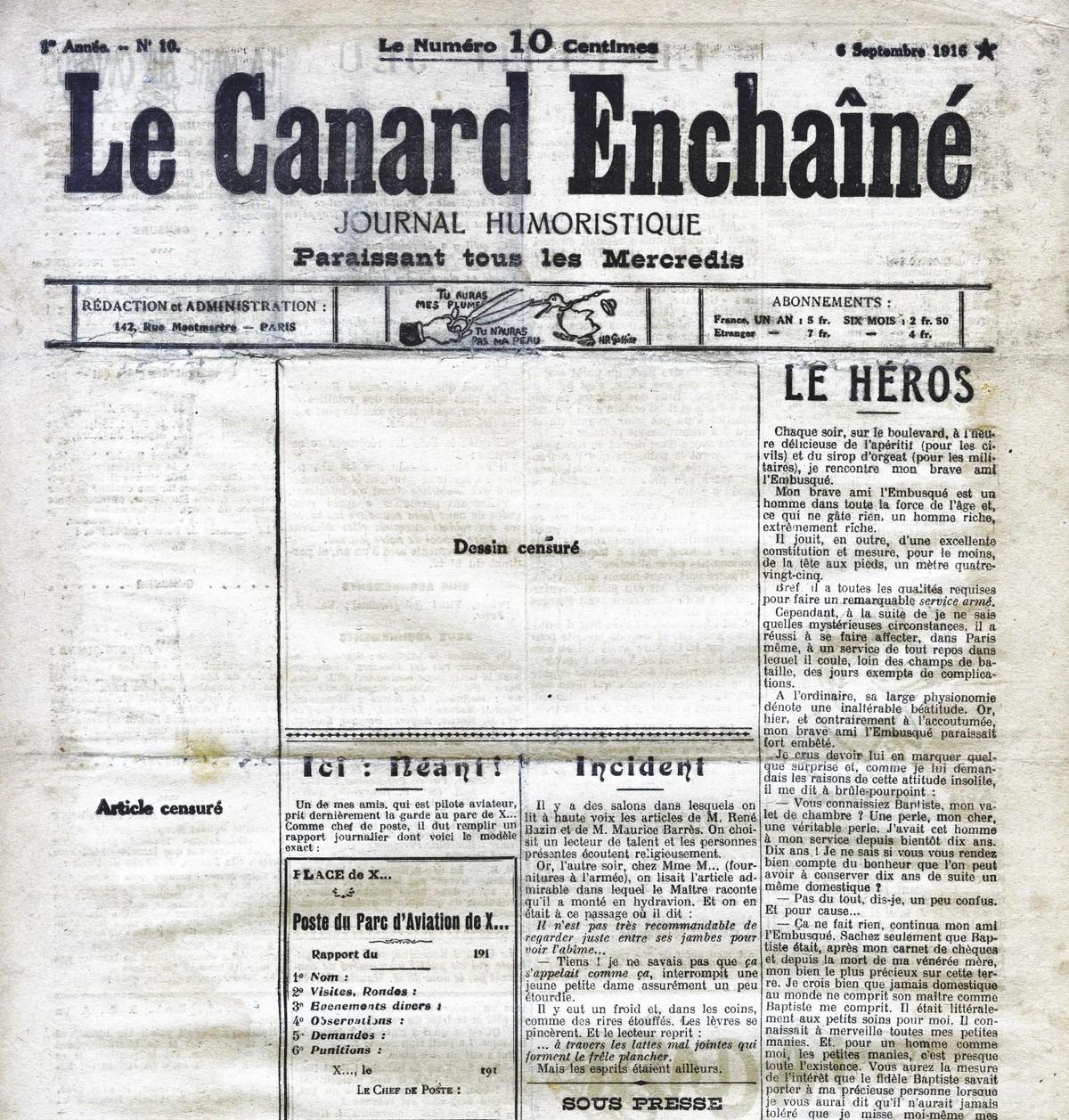 Une du journal Le Canard Enchaîné, septembre 1916.
