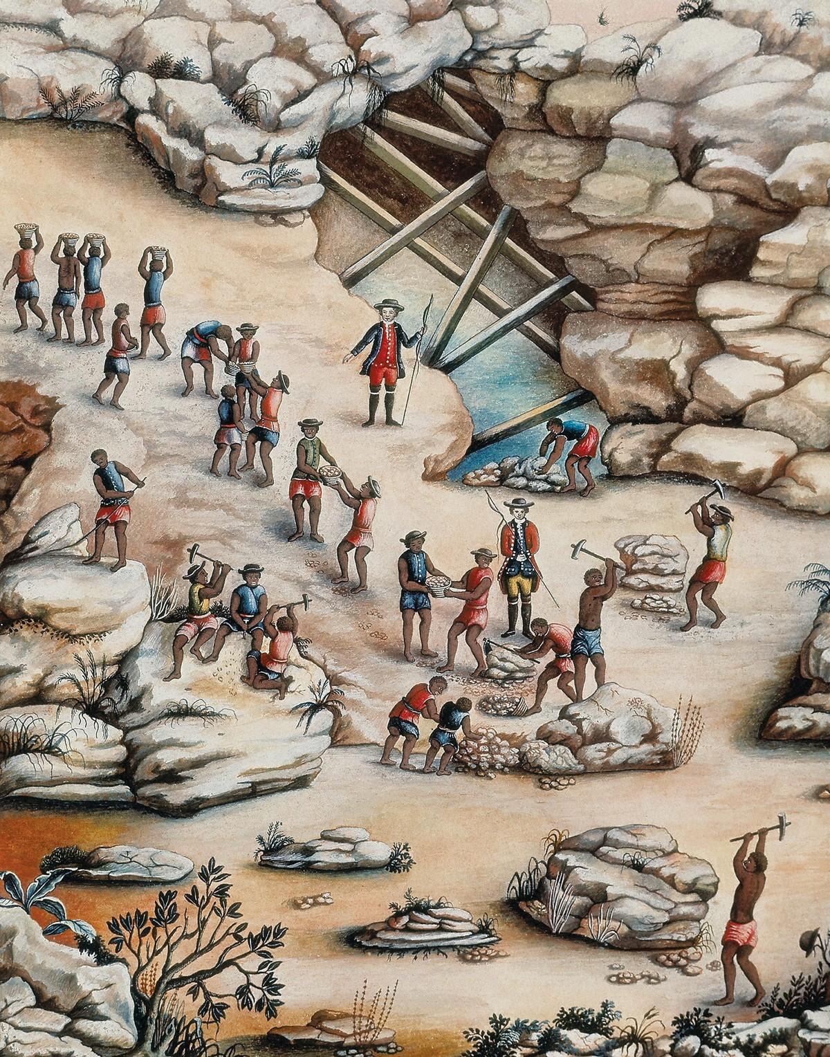 Esclaves dans une mine de diamants au Brésil, aquarelle, XVIIIᵉ siècle.