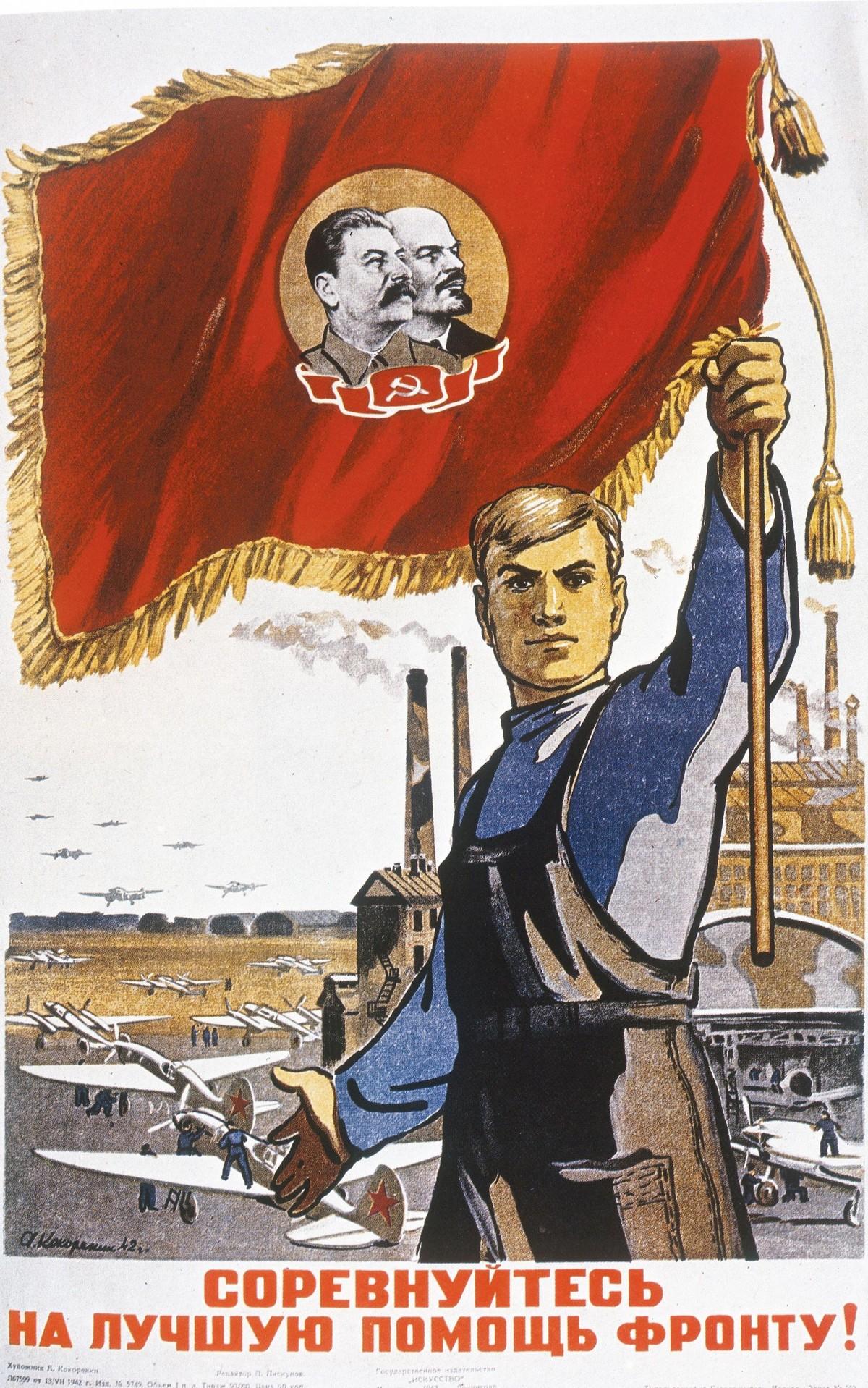Doc. 2 : Mobilisation pour l'économie de guerre en URSS, « Suivez l'exemple de ce travailleur, produisez plus pour aider le front », affiche soviétique, 1942.