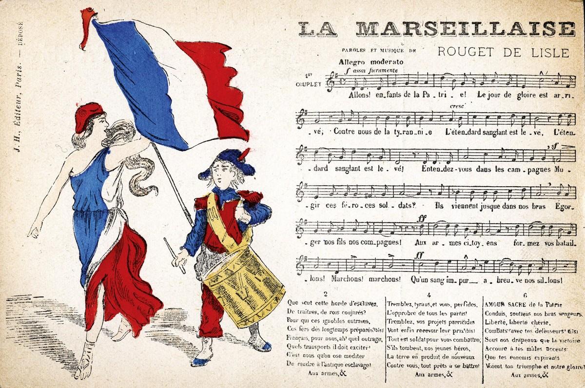 Buvard distribué dans les écoles en 1904 avec La Marseillaise, chant composé par Rouget de Lisle en 1792 et devenu hymne national en 1879.