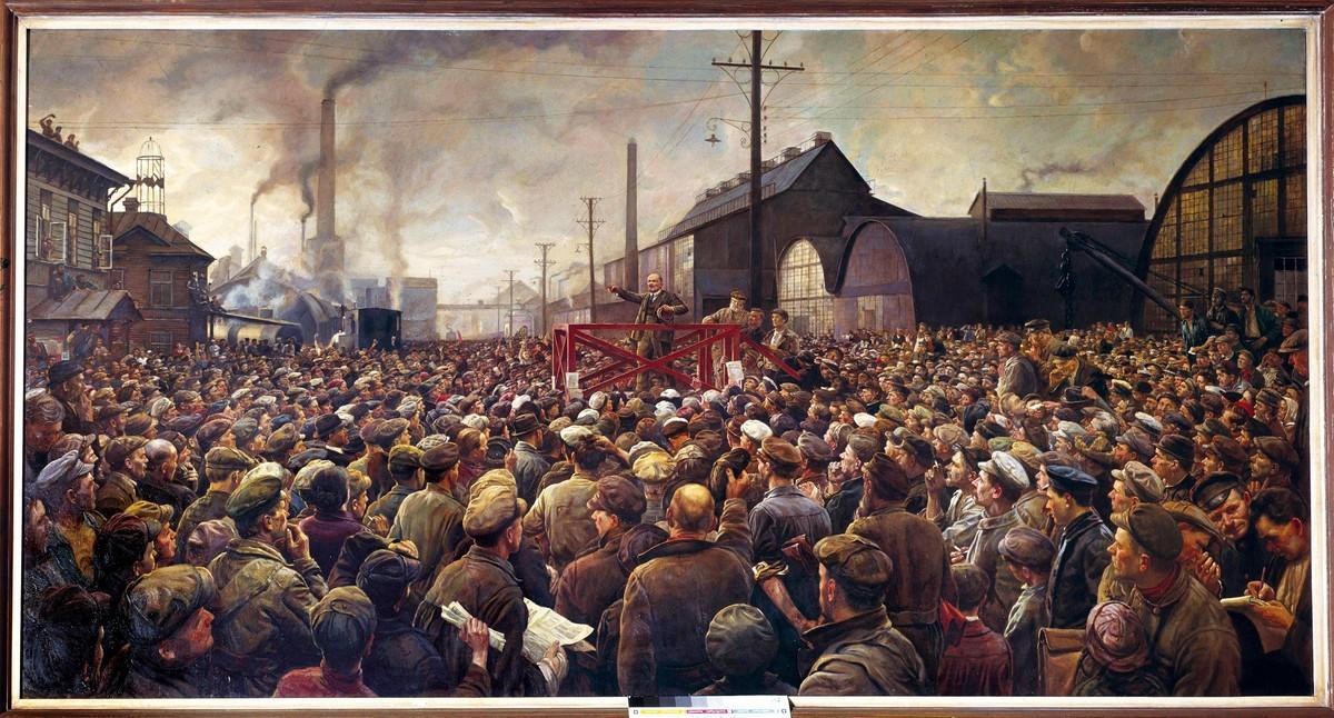 Isaak Brodsky, Lénine parlant aux ouvriers de l'usine Poutilov à Petrograd en mai 1917 (détail), 1929.