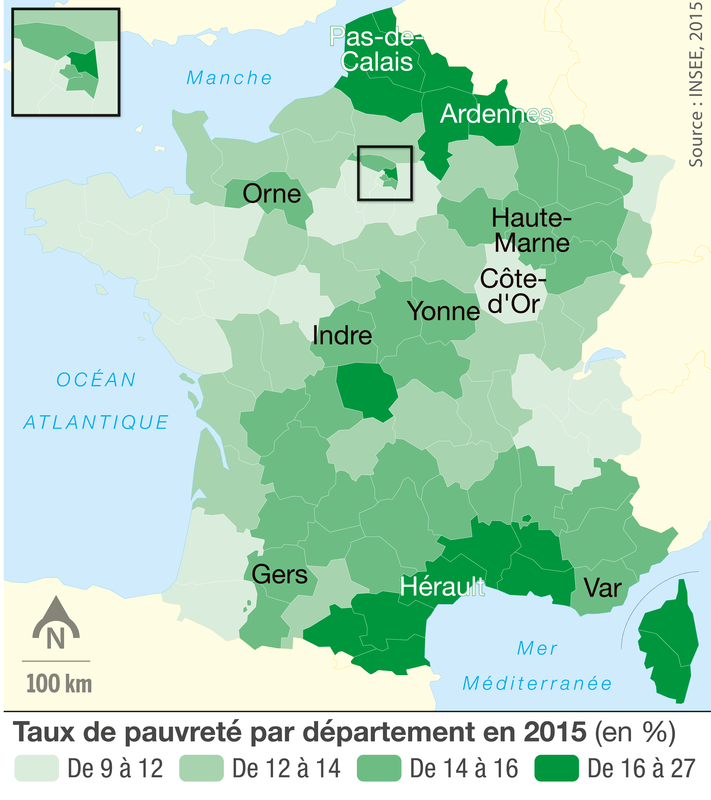 Carte : Taux de pauvreté par département en 2015
