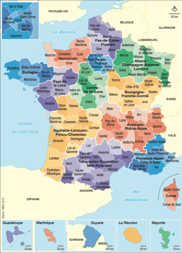 Doc. 1 : Carte des régions et départements français.