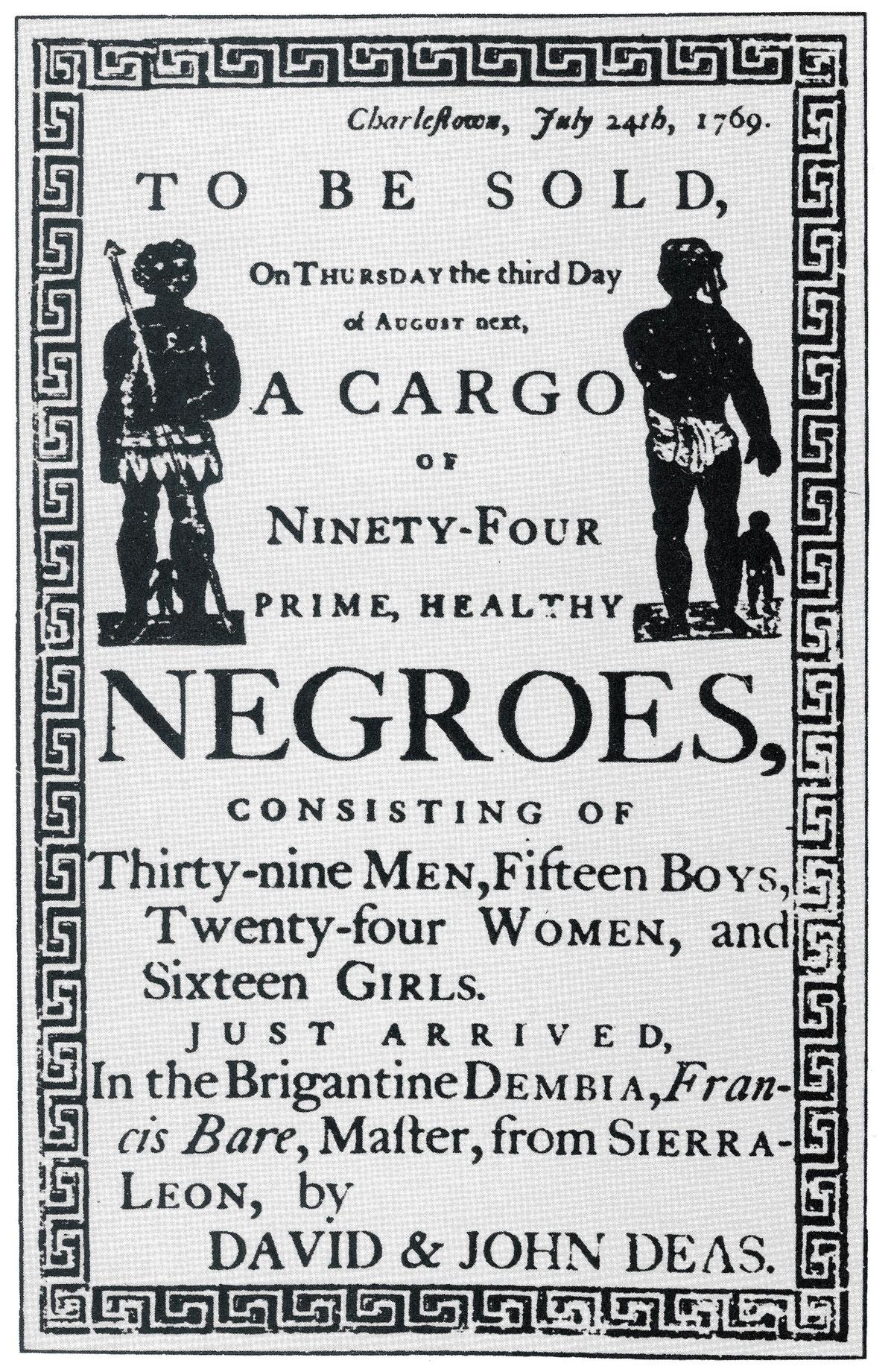 Annonce d'une vente d'esclaves à Charleston, 1769 (musée d'ethnographie de Genève).