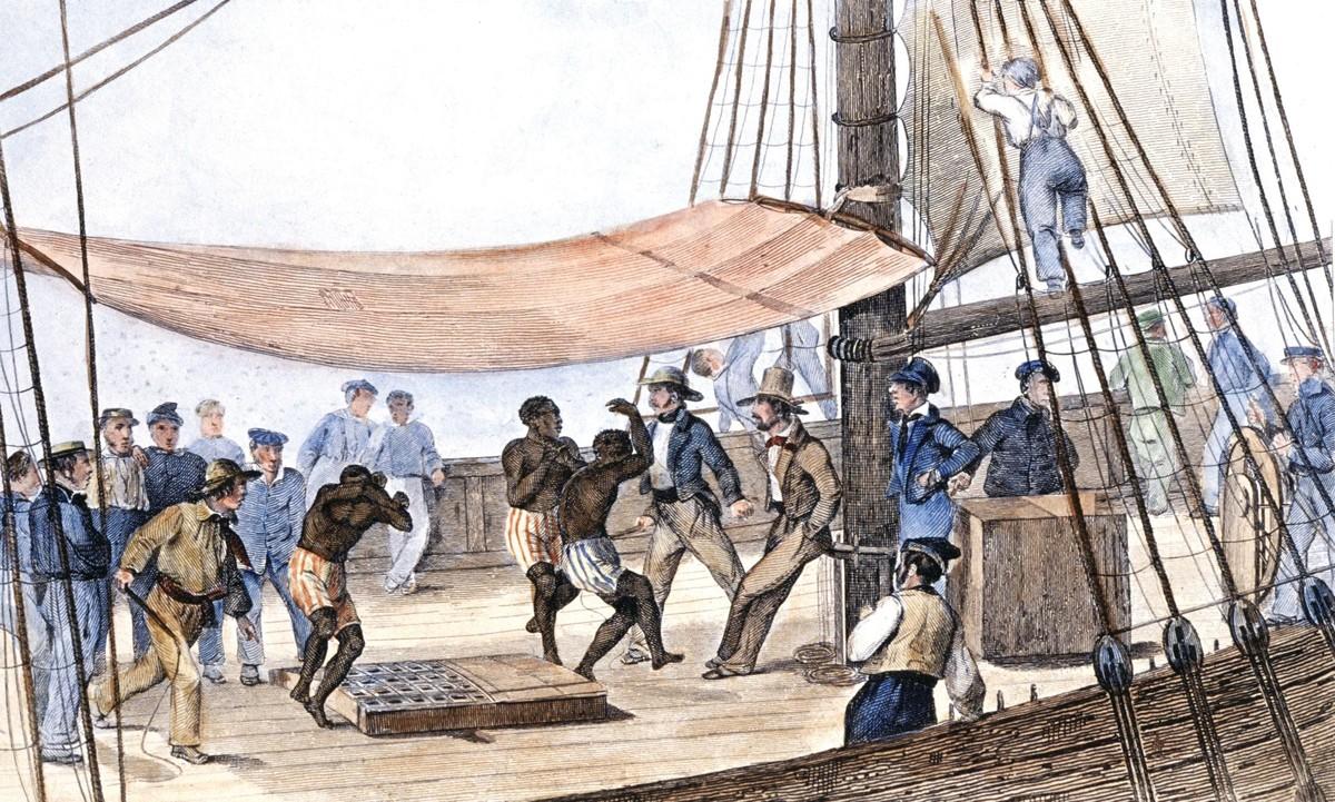 Des esclaves dansant sur un bateau, gravure, 1830 (musée d'Aquitaine, Bordeaux).