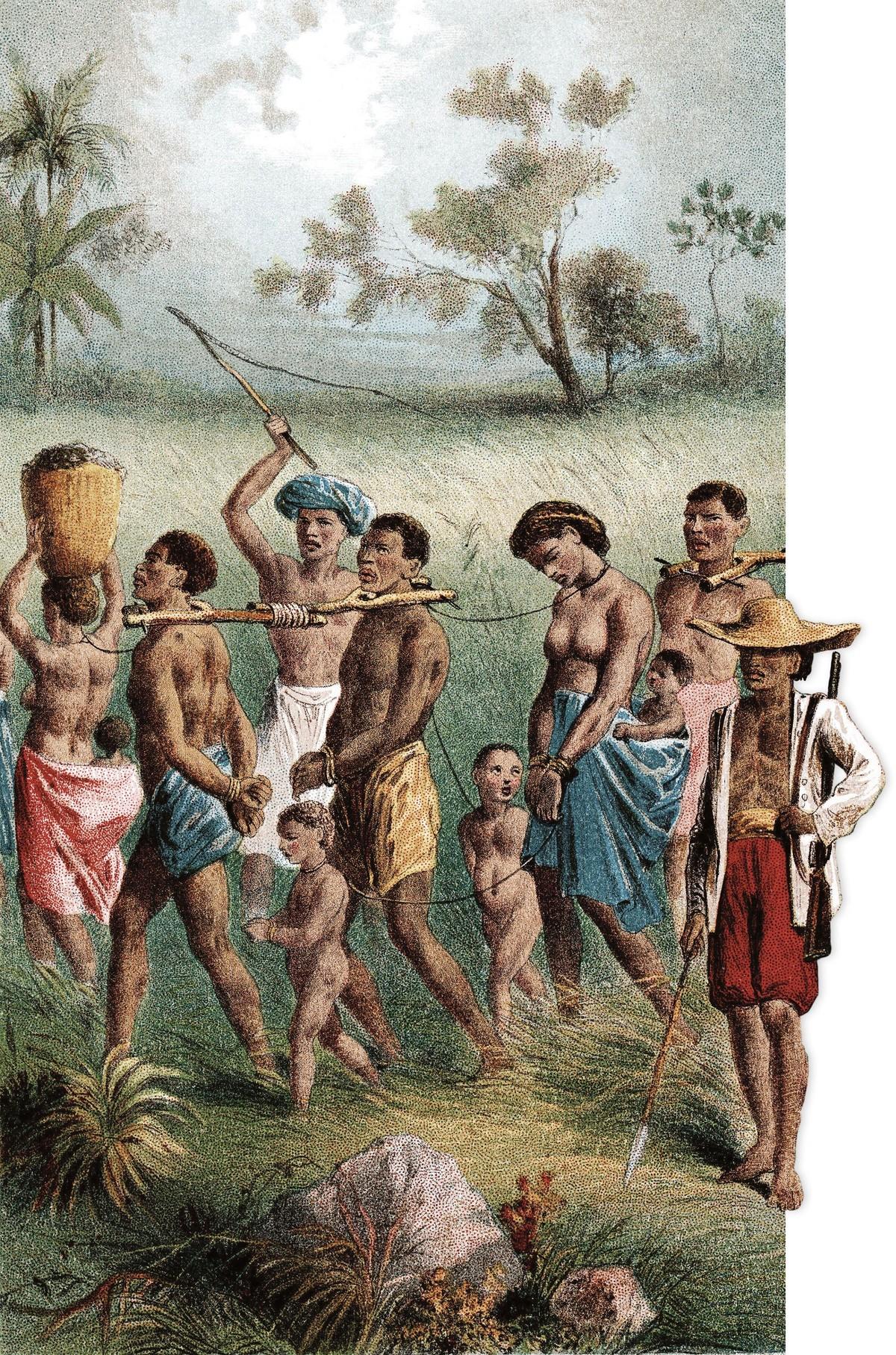 Un convoi de captifs en Afrique Centrale, début du XIXᵉ siècle, dessin tiré deThe Life and Explorations de David Livingstone (BnF, Paris).