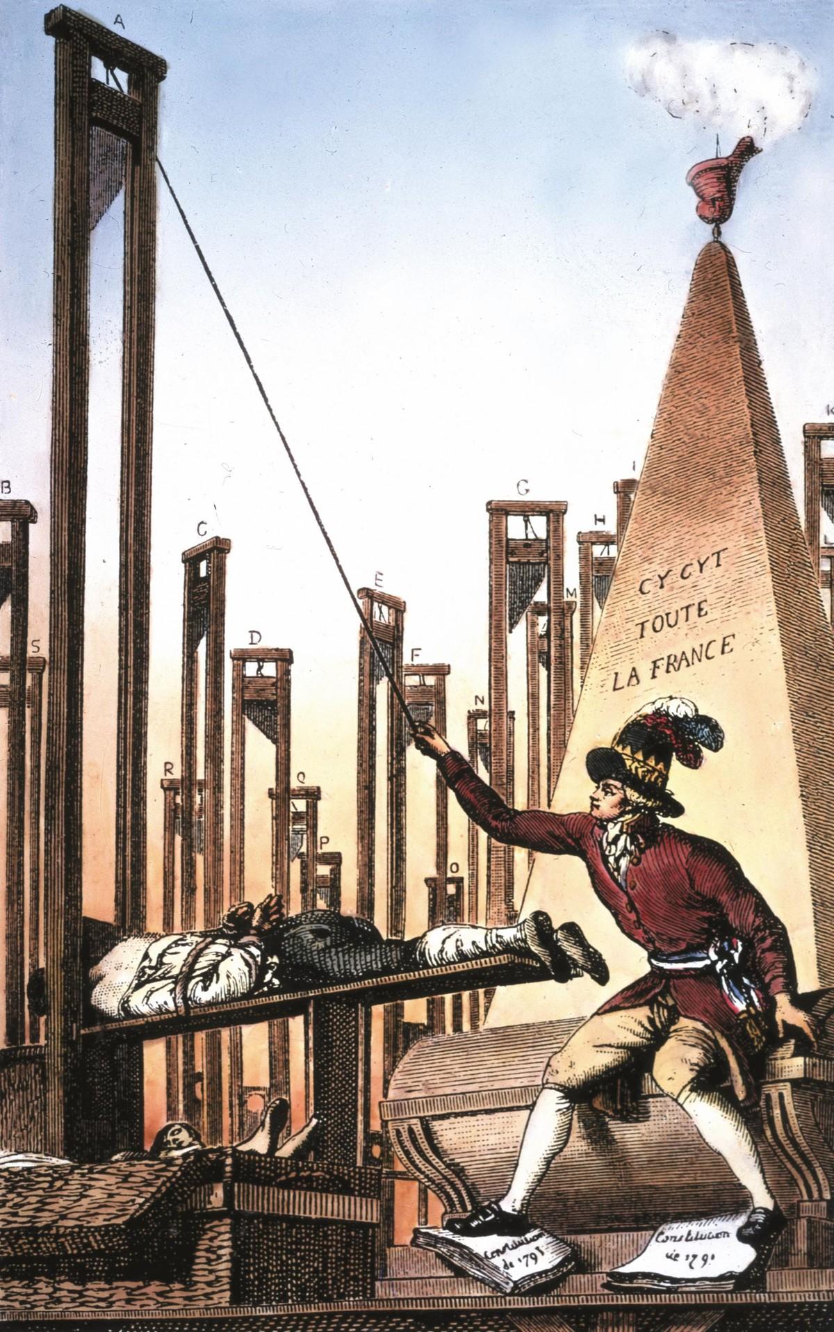 Caricature « Robespierre guillotinant le bourreau lui-même, après avoir fait guillotiner toute la France », 1793 (musée Carnavalet, Paris).
