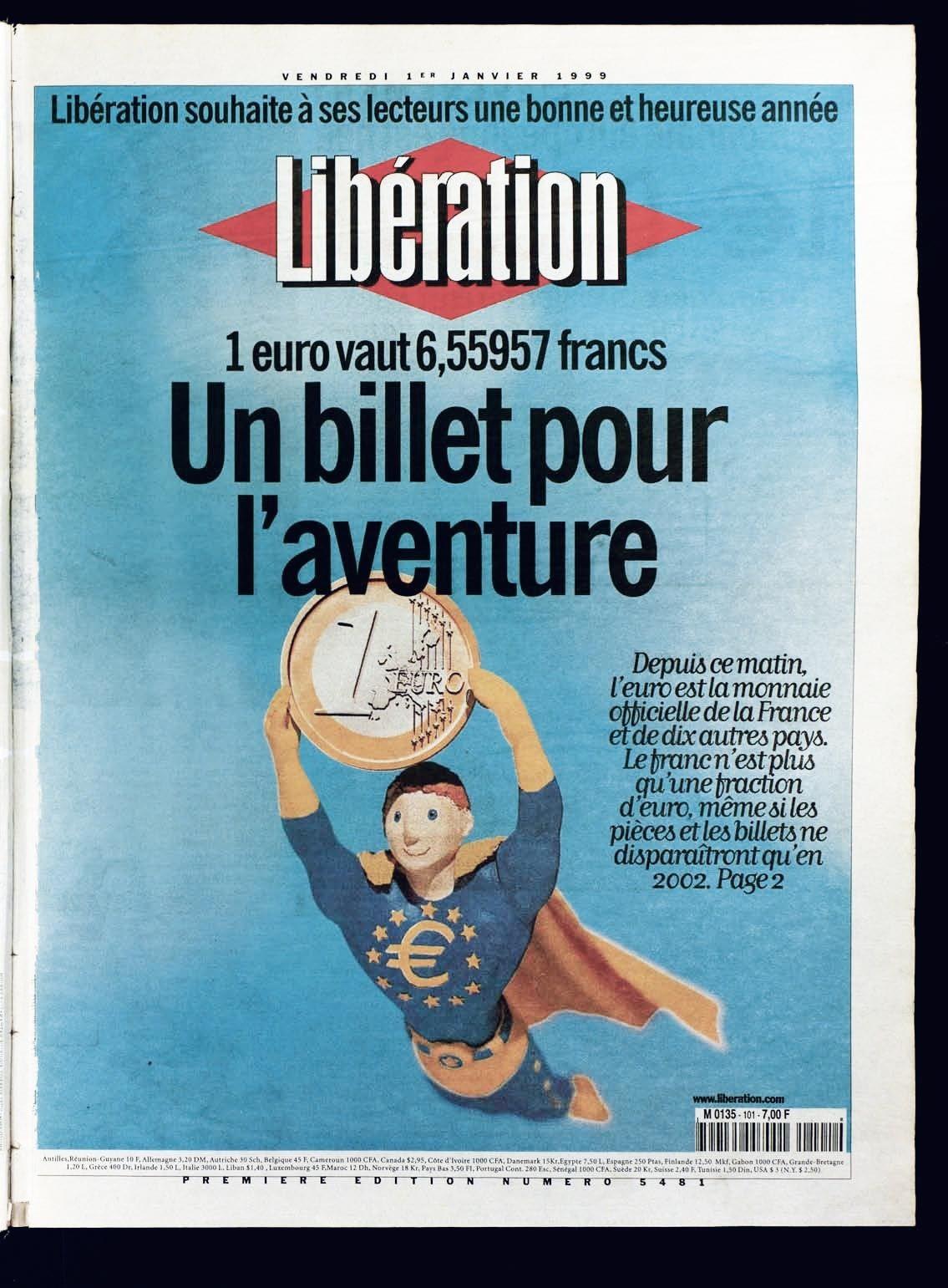 Une de Libération, le jour de la création officielle de l'euro, 1er janvier 1999.