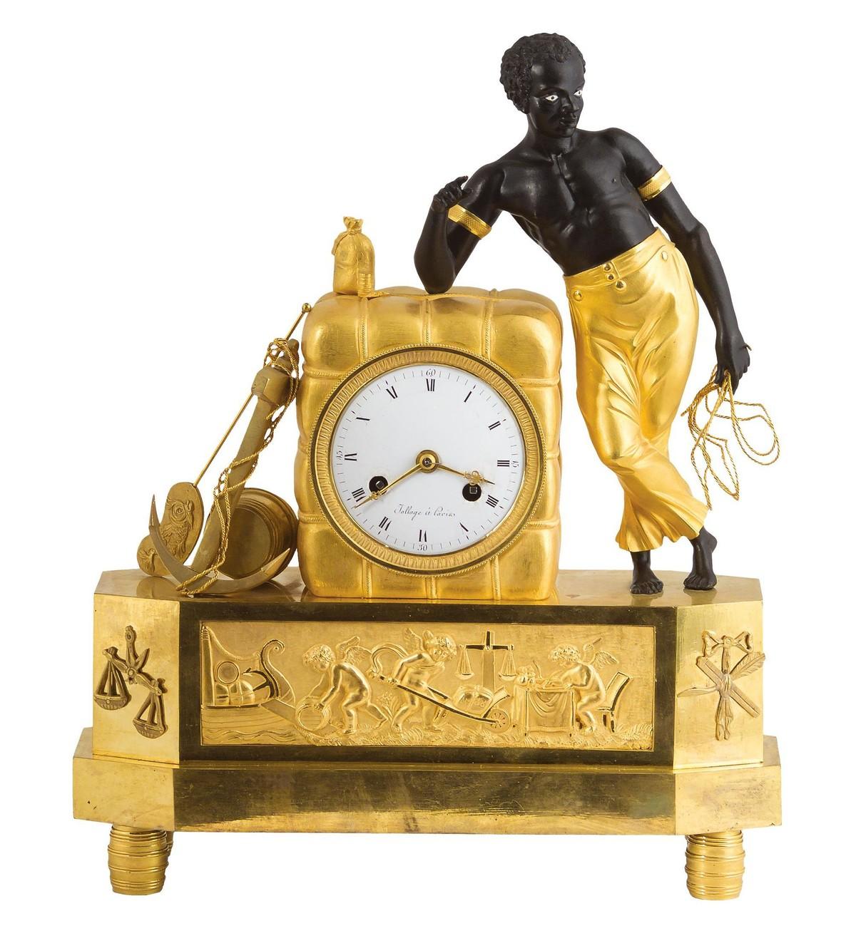 Pendule d'un marchand de La Rochelle, bronze doré, 1784 (musée du Nouveau Monde, La Rochelle).
