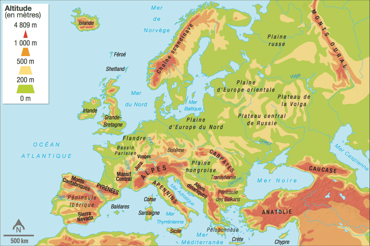 Doc. 1 : Carte du relief de l'Europe