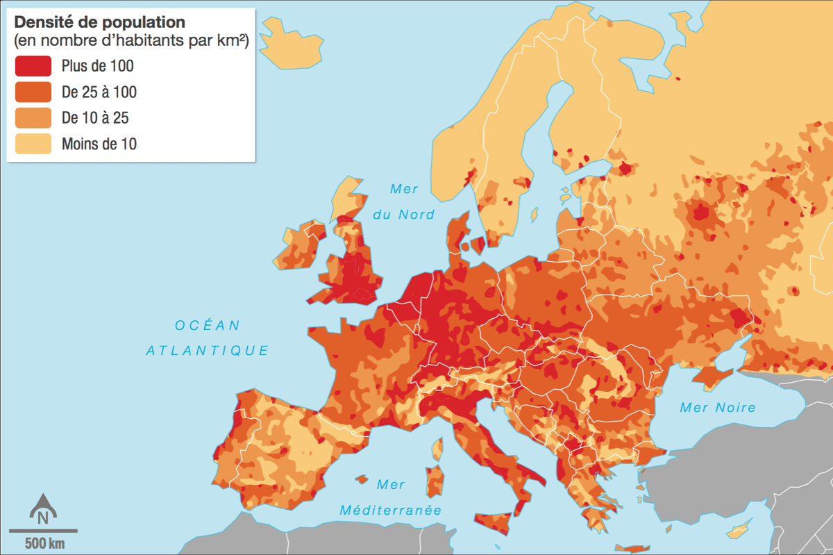 Doc. 2 : Carte sur les densités de population en Europe