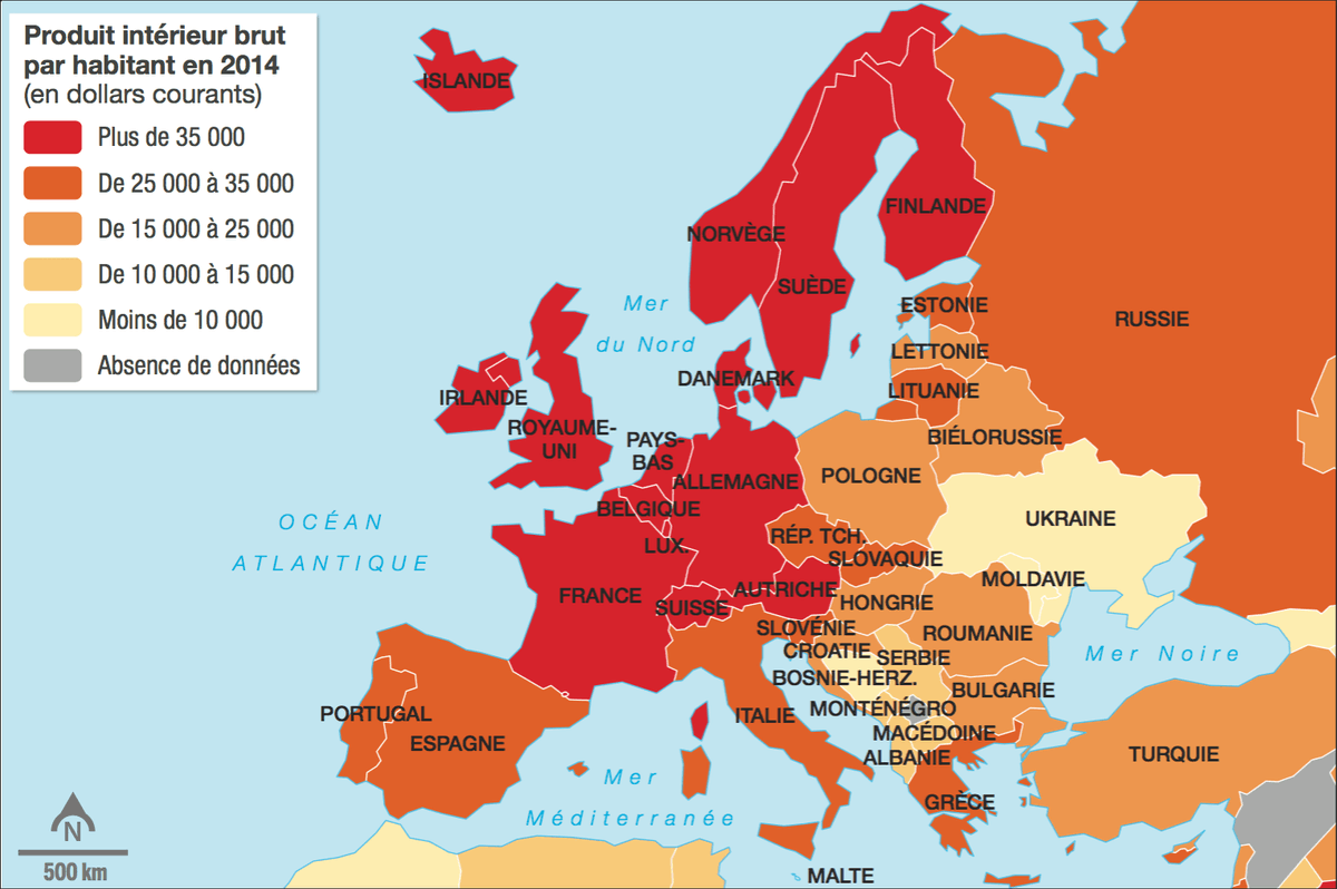 Doc. 3 : Carte sur le PIB par habitant en Europe