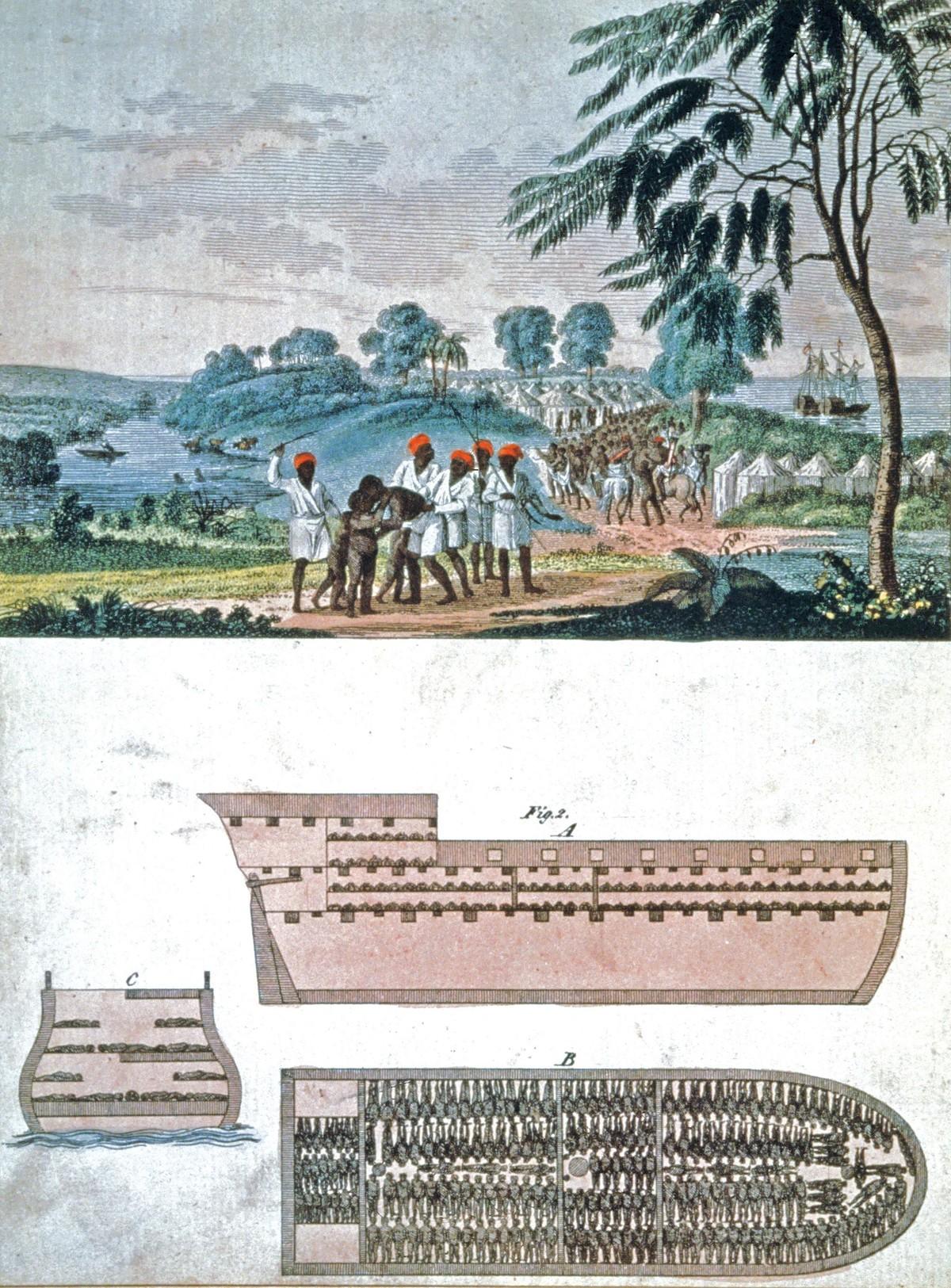 La traite des esclaves en Afrique, gravure, vers 1750.