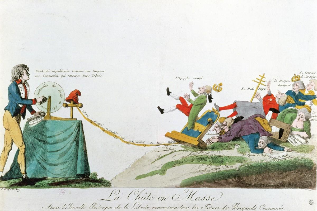 Caricature, « La chute en masse : ainsi l'étincelle électrique de la liberté renversera tous les frères des brigands couronnées », vers 1793 (musée Carnavalet, Paris).