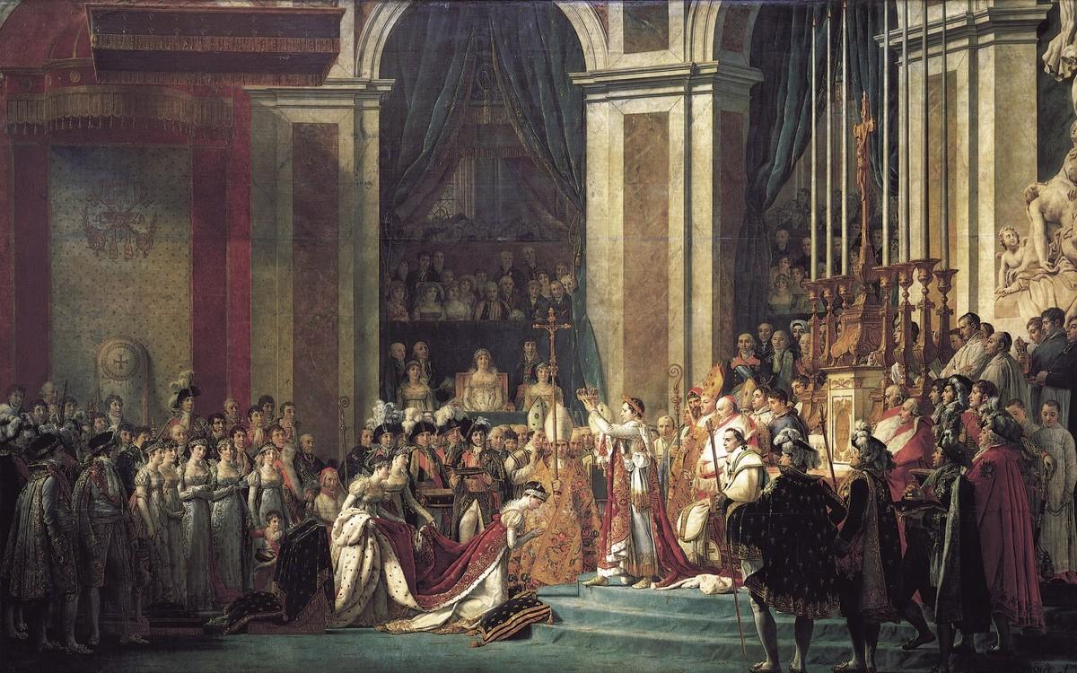 Jacques-Louis David Sacre de l'empereur Napoléon et couronnement de l'impératrice Joséphine à Notre‑Dame, le 2 décembre 1804, 1807, huile sur toile, 6,2 x 9,7 m (musée du Louvre, Paris).