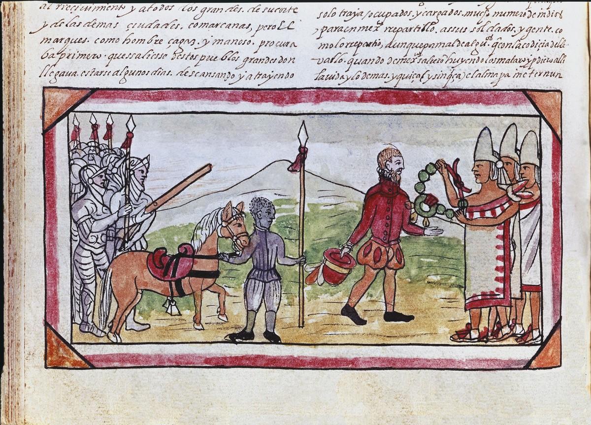 La rencontre entre Cortés et l'empereur aztèque Moctezuma, gravure de 1579.
