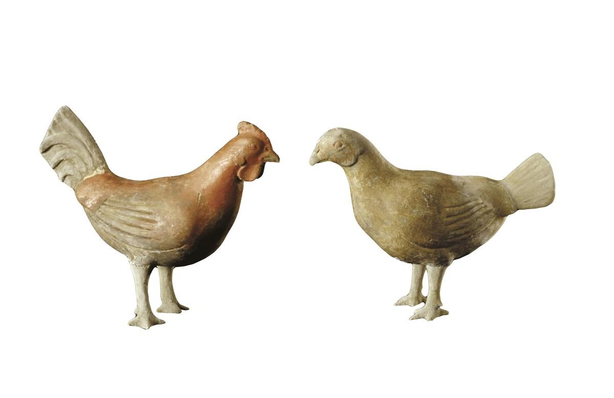 Poule et coq en terre cuite