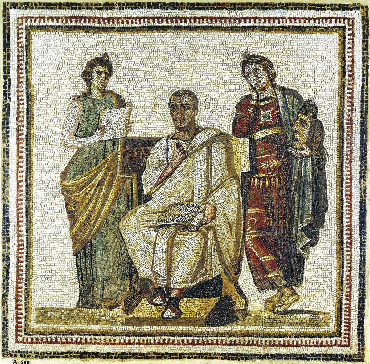 Mosaïque du IIIᵉ siècle après J.-C. (Sousse, Tunisie).Le poète Virgile (70-19 avant J.-C.).