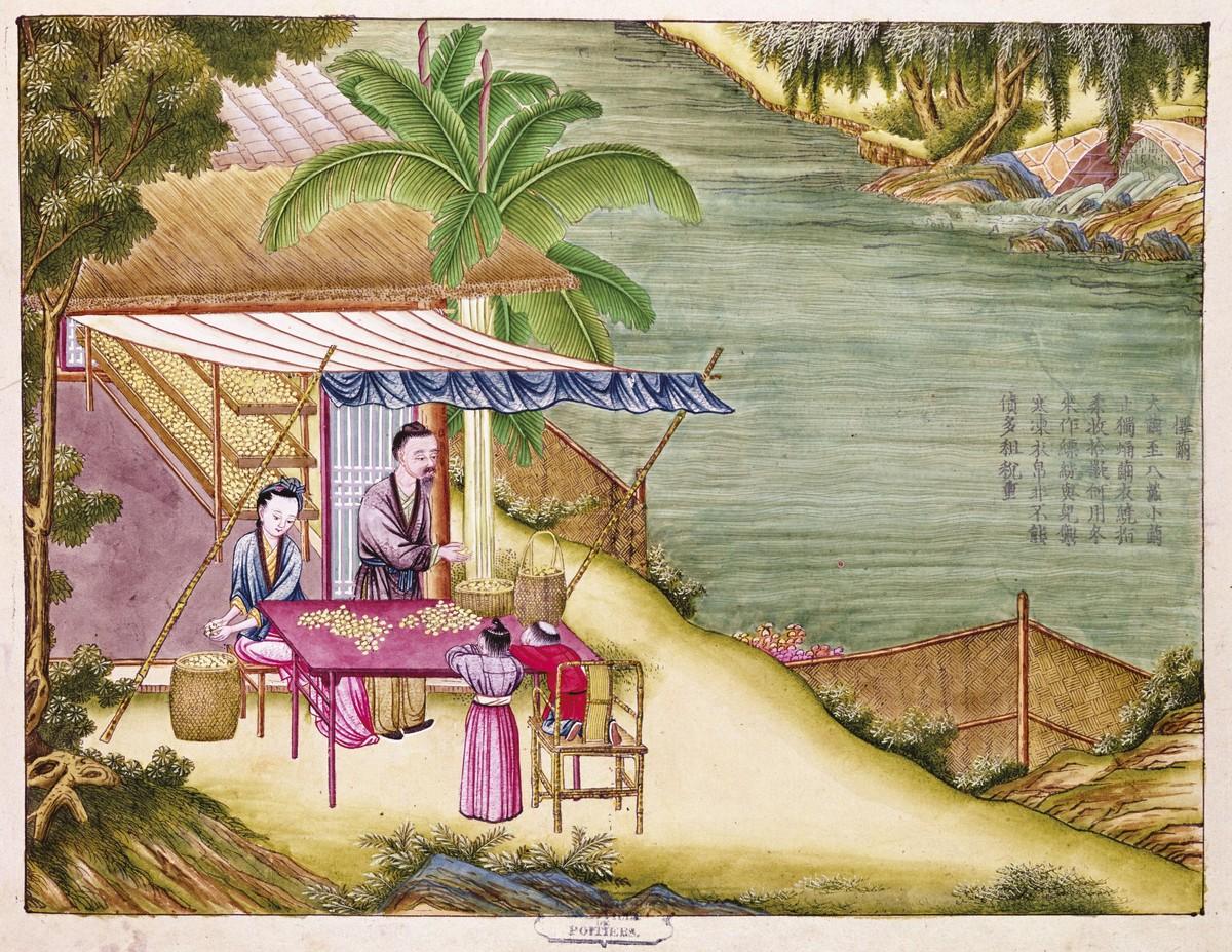 La fabrication de la soie : Aquarelle réalisée à partir d'une gravure de l'époque Han, XIXᵉ siècle