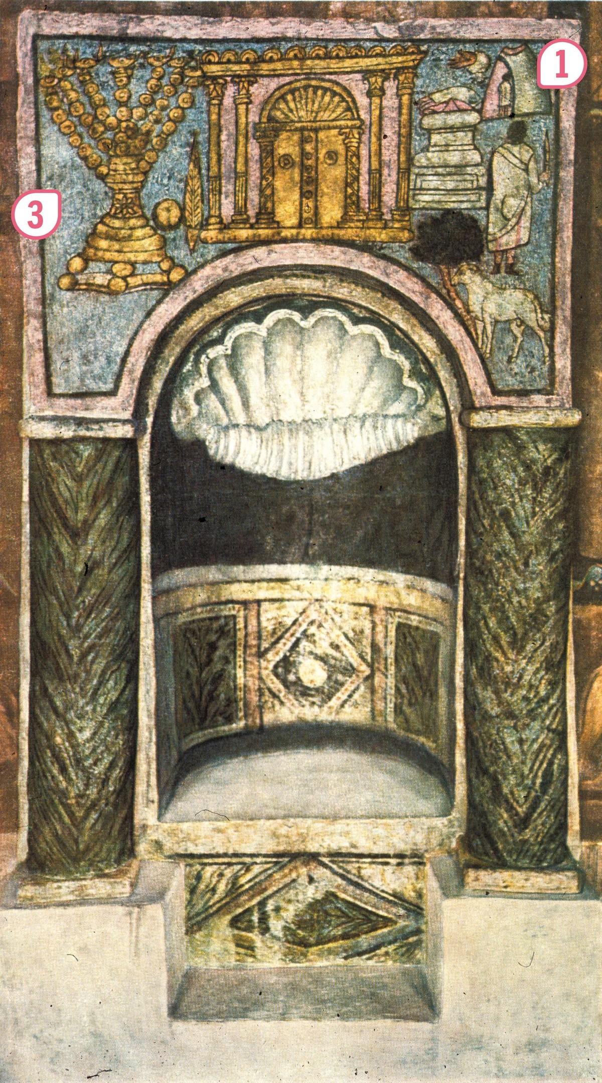Peinture de la niche pour recevoir la Torah, dans la synagogue de Doura Europos
