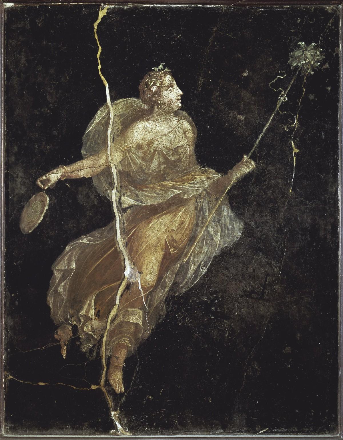 Bacchante (prêtresse de Bacchus, dieu du vin) dans une robe de soie, fresque de Pompéi, Iᵉ siècle après J.C. (musée de Naples).