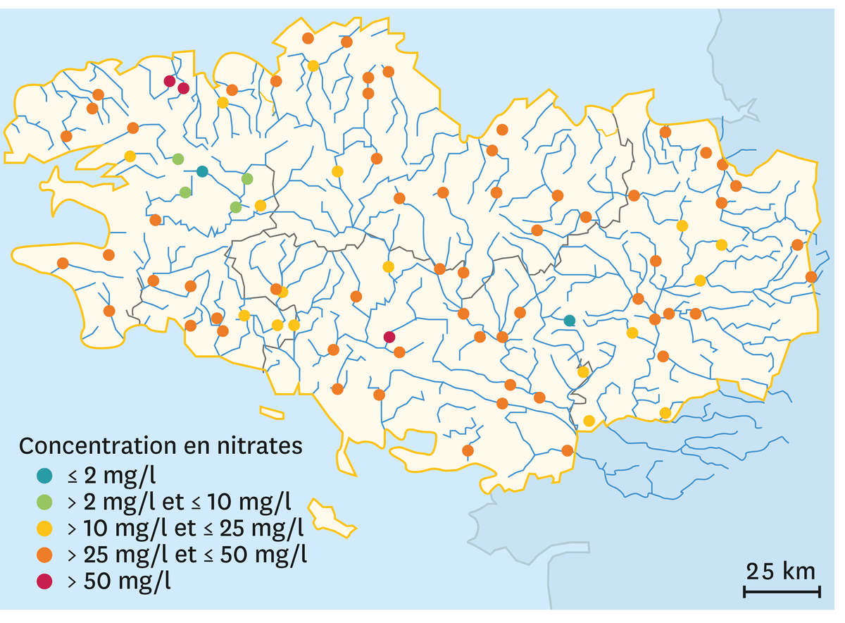 Les concentrations en nitrates dans les cours d'eau en Bretagne en 2014.