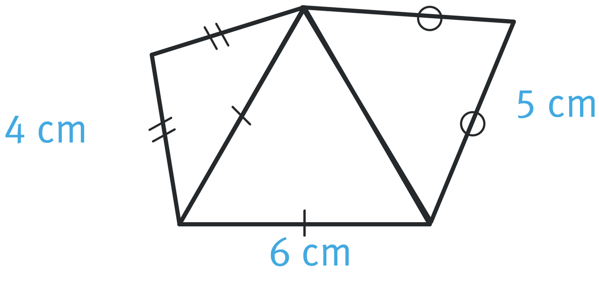 Figure de trois triangles collés par leurs côtés. L'un a deux côtés de 4 cm et partage son dernier côté de 6 cm avec un deuxième triangle doté de deux côtés de 6 cm. Le dernier triangle a deux côtés de 5 cm et partage son troisième côté avec le triangle qui a deux côtés de 6 cm.