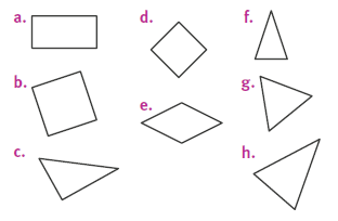 Huit figures qui semblent être : un rectangle, un carré, un triangle rectangle, un carré, un losange, un triangle isocèle, un triangle equilatéral, et un triangle isocèle