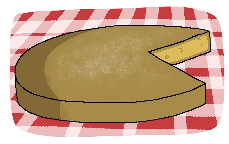 Dessin d'un fromage posé sur une nappe à carreaux rouges