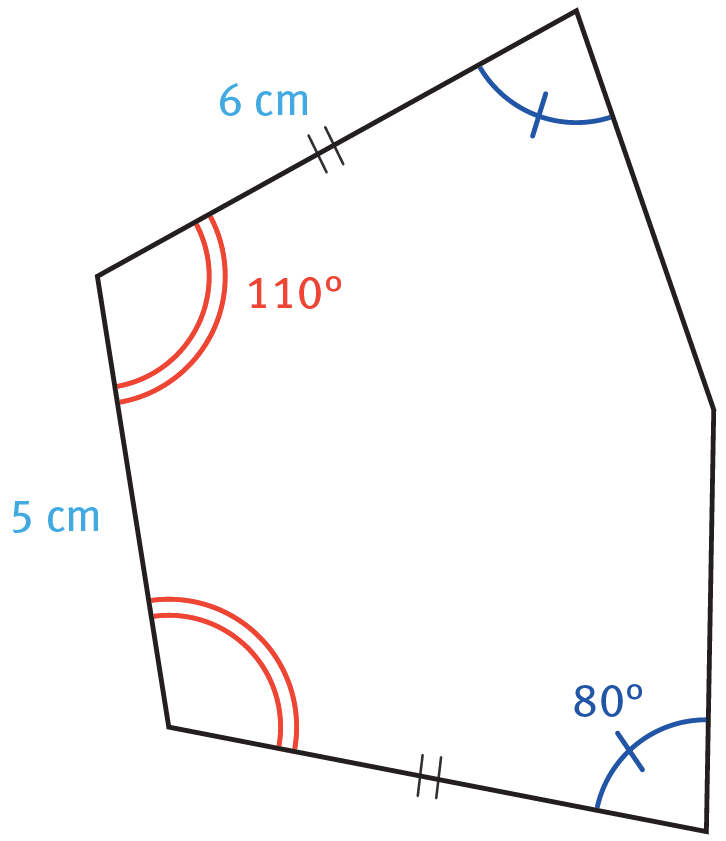 Polygone avec deux angles de 80°, deux autres angles de 110°, deux côtés opposés de 6 cm et un côté de 5 cm.