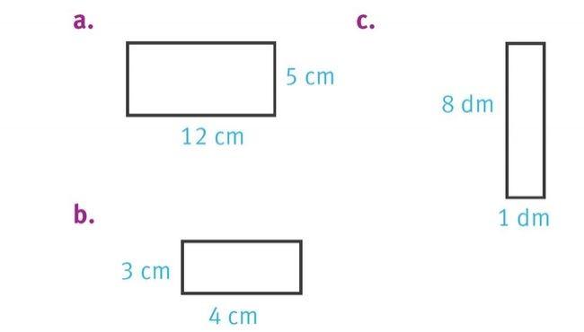 Figure a : rectangle de largeur 5 cm et de longueur 12 cm. Figure b : rectangle de largeur 3 cm et de longueur 4 cm. Figure c : rectangle de longueur 8 dm et de largeur 1 dm.
