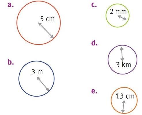 Figure a : un cercle de 5 cm de rayon. 
Figure b : un cercle de 3 m de rayon. 
Figure c : un cercle de 2 mm de rayon. 
Figure d : un cercle de 3 km de rayon. 
Figure e : un cercle de 13 cm de rayon. 