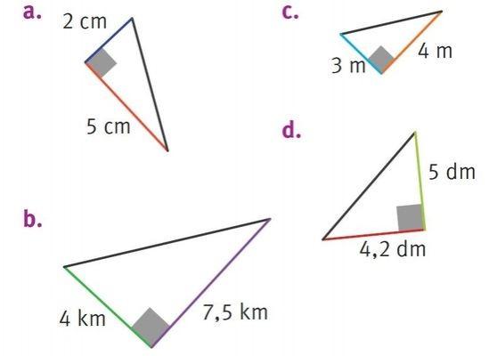 Figure a : triangle rectangle où le côté adjacent = 5 cm et le côté opposé = 2 cm.
Figure b : triangle rectangle où le côté adjacent = 7,5 km et le côté opposé = 4 km.
Figure c : triangle rectangle où le côté adjacent = 4 m et le côté opposé = 3 m.
Figure d : triangle rectangle où le côté adjacent = 5 dm et le côté opposé = 4,2 dm.