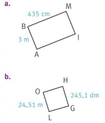 Figure a : rectangle BAIM où BA = 3 m et BM = 435 cm. 
  Figure b : rectangle GLOH où OL = 24,51 m et HG = 245,1 dm.