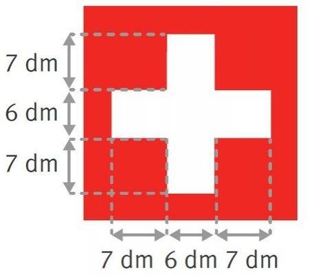 Schéma représentant le drapeau suisse : un carré rouge avec une croix blanche dedans. La croix a un épaisseur de 6 dm et ses branches sont longues de 7 dm. 