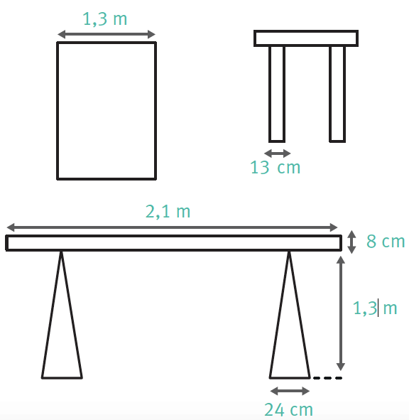 Plans d'une table en bois avec une vue de haut et 2 vues latérales