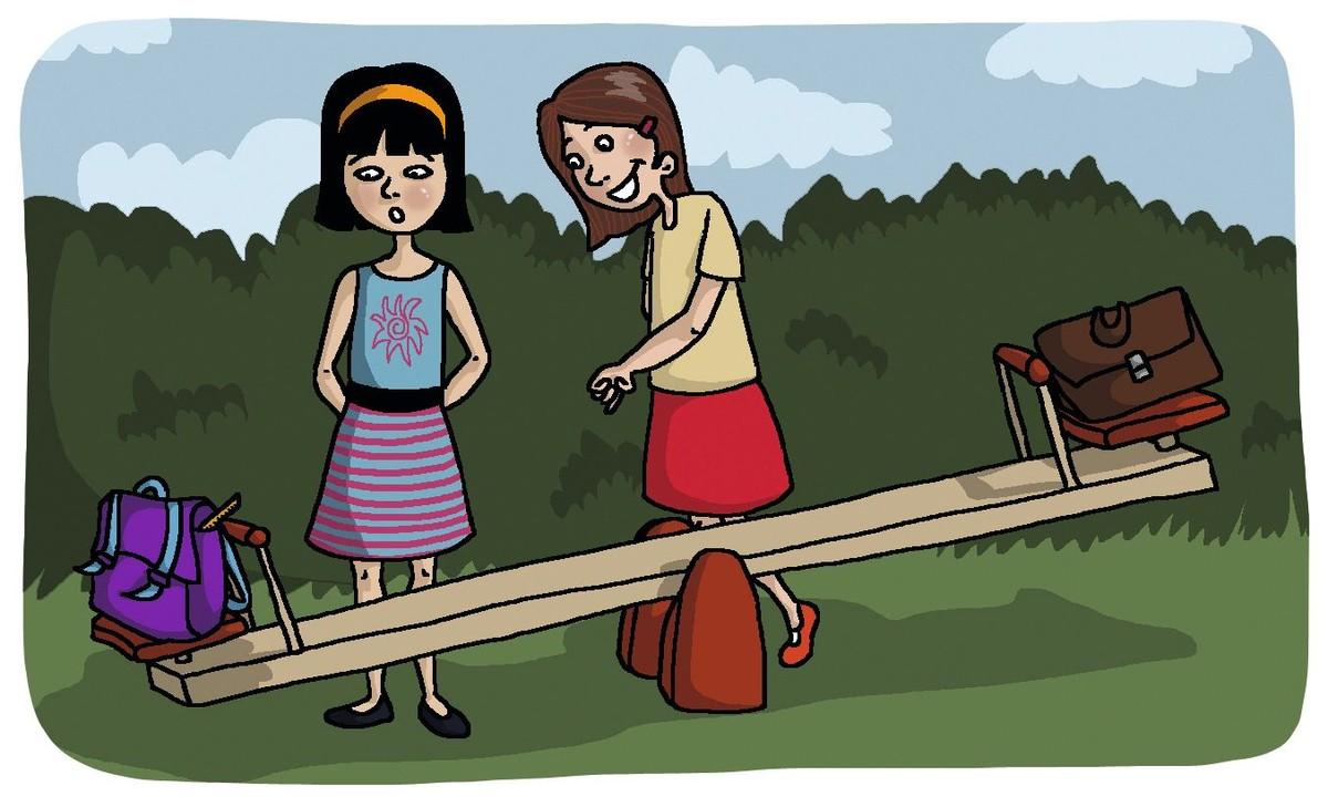Illustration de deux petites filles qui pèsent leurs cartables sur une balançoire